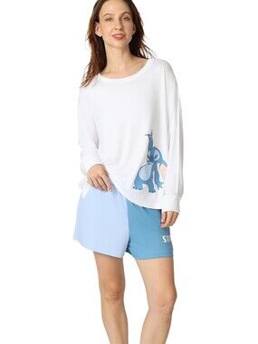 Disney White Long Sleeve Top with Blue Stitch Graphic and Two-Tone Blue Shorts